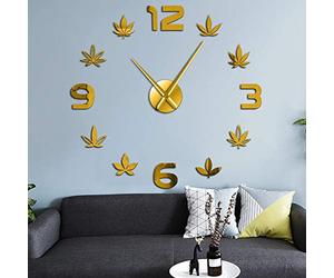 Beisite BST Feuille de Mauvaises Herbes Bricolage Grandes horloges murales Feuille de Marijuana silencieuse sans Cadre Montre Murale Vert phytothérapie Artistique Décoration Murale Art Mural (Or,47")