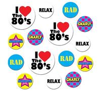 Beistle Lot de 15 boutons de fête « I Love The 80's » sur le thème des années 1980, accessoires rétro portables, célébrant avec vous depuis 1900, 5,9 cm et 3,4 cm, multicolore