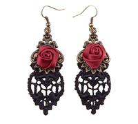Beito 1 Paire Femmes Dangle Boucles d'oreilles Vintage Gothique Vampire Halloween Dentelle Noire Fleurs Rouges