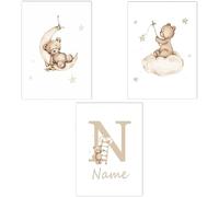 BeiYiHo 3 Affiche Ourson Beige Tableau Ourson Chambre Bébé Lettre Prenom Chambre Bebe Poster Personnalisé Enfant Garçon Cadeau Toile Decoration Murale Nuage Lune Étoiles 21x30cm Tableaux SANS CADRE