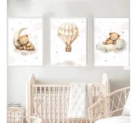 BeiYiHo 3 Affiche Ourson Chambre Bebe Mongolfiere Nuage Tableau Ours Decoration Murale Chambre Garcon Fille Poster Deco Murale Beige 40x50cm sans Cadre (BYCH057-40x50)