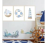 BeiYiHo 3 Affiche Theme Marin Mer Poster Chambre Garcon Tableau Bleu Enfant Toile Decoration Murale Chambre Enfant Poster Bateau Balise 30X40cm Toile Bebe Cadeau sans Cadre