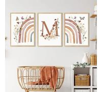 BeiYiHo 3 Affiches Arc en Ciel Chambre Fille Prenom Personnalisé Fleurs Vintage Papillons Boho Tableau Bébé 30x40cm Toile Poster Chambre Decoration Murale Enfant Fille Garcon Cadeau SANS CADRE