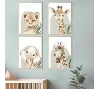 BeiYiHo 4 Affiches Animaux Safari Tableau Savane Bebe Decoration Chambre Bebe Garcon Vert Beige Poster Chambre Enfant Foret Jungle 21x30 Toile Affiche Animaux Chambre Bébé sans Cadre
