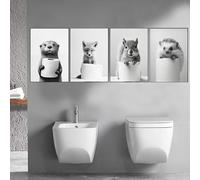 BeiYiHo 4 Affiches Animaux WC Noir et Blanc Toilette Tableau Decoration Murale Poster Humoristique 21x30 Photo Toile Animaux