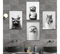 BeiYiHo 4 Tableau WC Decoration Murale Affiches Toilette Humour Animaux Noir et Blanc Poster Humoristique pour WC 21x30 Photo Toile Animaux Toilette Tableaux sans Cadre