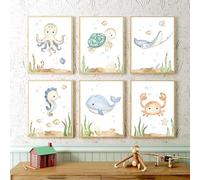 BeiYiHo 6 Affiche Animaux Marins Enfant Poster Chambre Bebe Hippocampes Baleines Tortue Tableau Deco Chambre Garçon 21X30CM Toile Decoration Murale Chambre Enfant Cadeau sans Cadre