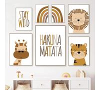 BeiYiHo Affiche Animaux Safari Enfant Lion Girafe Tigre Hakuna Matata 40x50 Tableau Savane Garcon Poster Deco Chambre Bebe Toile Affiche Boho Enfant Decoration Savane Chambre