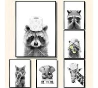 BeiYiHo Affiche Animaux WC Raton Laveur Tableau Toilette Humour 50x70 Poster Animal WC Noir et Blanc Toile Photo Salle de Bain Deco Murale Noir