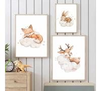 BeiYiHo Affiches Animaux Chambre Bebe Beige Deco Chambre Bebe Fille Nuage Renard Enfant 21x30 Tableau Decoration Murale Fille Toile Poster Bébé Animaux Enfant Fille Garcon Cadeau