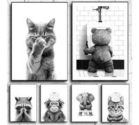 BeiYiHo Poster Chat Toilette Affiche Animaux WC Tableau Toilette Humour Poster Animal WC Noir et Blanc Toile Photo Salle de Bain Deco Murale Noir 21x30