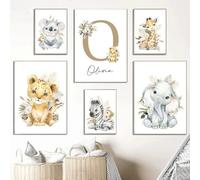 BeiYiHo Tableau Chambre Enfant Prenom Poster Personnalisé Bebe Sarari Affiche Animaux Jungle Toile Decoration Murale Chambre Garçons Fille Cadeau 21x30cm SANS CADRE