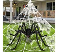 BEJAGWUS Halloween Decoration pour Jardin extérieur, 5 M de toile d'araignée + 1,5 m d'araignée géante Déco Halloween + 20 mini araignées + 8 ㎡/40 g de toile d'araignée (Noir)