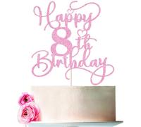 Bejotaa Décoration de gâteau rose « Happy 8th Birthday » - 1 pièce à paillettes - Pour un anniversaire de mariage - Fournitures de décoration de gâteau