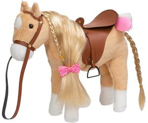 BEJOY Cheval en peluche jouet, cheval à brosser en peluche avec selle, rênes et écharpe en coton, jeu de rôle cheval cadeau pour filles et enfants, 28 cm Palomino
