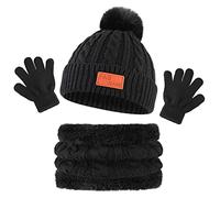 Bekecidi Ensemble Bonnet Echarpe Gant pour Enfants, 3 en 1 Hiver Tricoté Tour de Cou Chaud Gants Bonnet avec Doublure Épaisse, Hiver Bonnets Snood Gant pour Garçons et Filles 1-5 Ans (Noir)