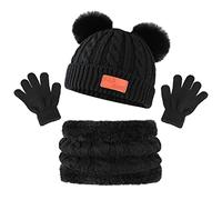 Bekecidi Ensemble Bonnet Echarpe Gant pour Enfants, Hiver Tricoté Tour de Cou Chaud Gants Bonnet avec Doublure Épaisse Hiver Bonnet Snood Gant pour Garçons et Filles 1-5 Ans (Noir)