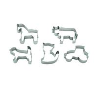 BekkiB - 998853 Lot de 5 emporte-pièces « Ferme » - Tracteur, chien, chat, cheval et vache - En acier inoxydable - Passe au lave-vaisselle - Pour la cuisson des biscuits