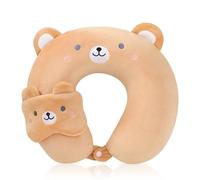 BEKKLPOU Oreiller en Forme De U De Dessin Animé, Coussin De Voyage Enfant, Livré avec Un Masque pour Les Yeux Et La Taie d'oreiller Est Amovible Et Lavable (Ours Brun)