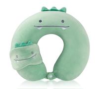 BEKKLPOU Oreiller en Forme De U De Dessin Animé, Coussin De Voyage Enfant, Livré avec Un Masque pour Les Yeux Et La Taie d'oreiller Est Amovible Et Lavable (Dinosaure Vert)