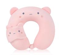 BEKKLPOU Oreiller en Forme De U De Dessin Animé, Coussin De Voyage Enfant, Livré avec Un Masque pour Les Yeux Et La Taie d'oreiller Est Amovible Et Lavable (Ours Rose)