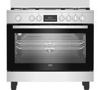 Beko Cuisine à gaz 90 x 60 cm, BGM11226EX, série bPRO 500 four multifonction 111L, cuisinière 5 feux avec triple couronne, grilles en fonte, contrôle tactile, inox/noir, classe A+