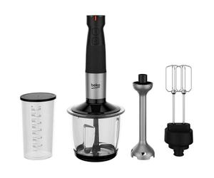 BEKO, Set Mixeur Plongeant, Puissance : 750 W, 12 vitesses + Turbo, 4 lames en étoile, Cloche anti éclaboussures, Verre doseur, Hachoir bol verre 2 lames, Fouet, Pied inox, Noir et Inox