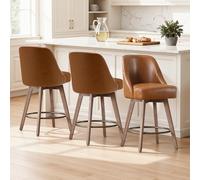 Bekrvio Lot de 3 tabourets de bar 65 cm de hauteur d'assise pivotant à 360° avec dossier, pieds en bois de hêtre, charge de 150 kg, pour îlot de cuisine et comptoir, marron