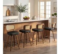 Bekrvio Lot de 4 tabourets pivotants à 360 °, dossier en rotin, hauteur assise 65 cm, 4 pieds, cuir synthétique et bois massif, style rétro, dossier pour îlot et comptoir