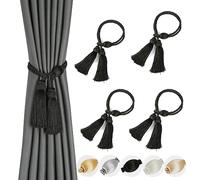 BEL AVENIR Lot de 4 embrasses de rideaux modernes avec pompons - Pour rideaux d'extérieur - Élégantes et décoratives - Noir