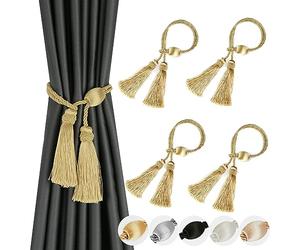BEL AVENIR Lot de 4 embrasses de rideaux modernes avec pompons - Pour rideaux d'extérieur - Élégantes et décoratives - Doré