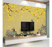 Bel Oiseau Doré Du Ginkgo Biloba Papier Peint 3D Installation Facile Intissé Tapisserie Bureau Salon Canapé Chambre Décoration Murale-250cm×170cm