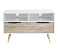 BELA Meuble TV scandinave blanc et décor chêne mat + pieds en bois massif - L 90 cm