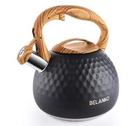 BELANKO Bouilloire à thé de 2,7 l pour cuisinière - Acier inoxydable de qualité alimentaire avec texture en diamant, aspect théière design, poignée en bois froid au toucher, bec sifflant, noir mat