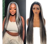 Belaved Perruques de cheveux humains ombrés noirs à gris 33 x 10,2 cm HD transparents, densité de 180 %, blond argenté, sans colle, pour femme noire, 76,2 cm de long, raie pré-épilée, ligne de cheveux