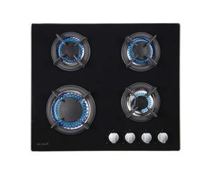 BELDEKO Plaque de Cuisson Gaz 4 Feux - 7500W - Verre Noir - Grilles Fonte - Marque Française