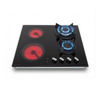 BELDEKO Plaque de cuisson mixte gaz + vitrocéramique 4 foyers - 7400 W - Brûleurs gaz double couronne - Commandes manettes - Verre noir - Encastrable