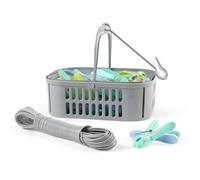 Beldray 30 Ultra Grip Pinces à Linge, Panier & Corde à Linge - Panier de Pinces Pliable, Se Fixe sur la Ligne, Prise Facile, Trous de Drainage pour Évacuer la Pluie, 20 Mètres.
