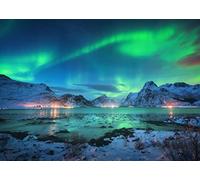 BELECO 1.5x1m Tissu Aurora Borealis Toile de Fond Arctique Montagnes enneigées Lac Paysage Aurores boréales Norvège Paysage d'hiver Lumières Polaires Fond d'écran Décoration d'intérieur