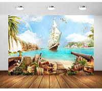 BELECO 1.5x1m Tissu Plage Île Pirate Thème Toile de Fond Bateau Pirate Coffres au Trésor Barils Perroquet Océan Bateau à Voile Cascades de Montagne Pirates Fond Photo Accessoires