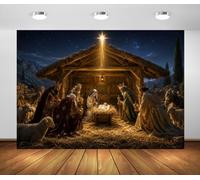 BELECO 1.5x1m Toile de Fond crèche Nativité Nuit étoilée de Noël | Étable de Nativité Rois mages étoile de Bethléem et naissance de Jésus fond photo pour fête de Noël