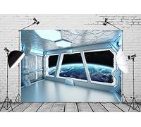 BELECO 1.5x1m Toile de Fond de Vaisseau Spatial, intérieur de Vaisseau Spatial avec Vue sur l'espace et la planète Terre, Toile de Fond pour Photographie, décoration de fête d'anniversaire