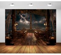 BELECO 1.8x1.2m Toile de Fond Pont Pirate Mer Orageuse Canon Éclairs | Navire Rétro Canons Bois Nuages Orageux Toile de Fond Fête Nautique Halloween Accessoire Photo