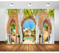 BELECO 2.1x1.5m Tissu Belle fresque égyptienne Toile de Fond Pyramide du désert Sphinx Style Arabe Porte d'arche de Jardin avec Rideaux Feuilles Tropicales Fond décorations de fête à thème égyptien