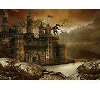 BELECO 2.1x1.5m Tissu Fantasy Château de Conte de fées Toile de Fond Scène de Dragon géant Architecture médiévale Lac de Montagne Paysage Photographie Fond Photoshoot