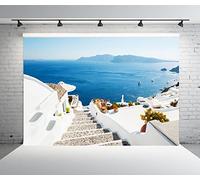 BELECO 2.1x1.5m Tissu Grèce Île de Santorin Toile de Fond Maisons Blanches Architecture Escaliers Mer Égée Bateau de Croisière Montagnes Paysage Fond Grèce Fête Photo Accessoires