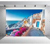BELECO 2.1x1.5m Tissu Grèce Île de Santorin Toile de Fond Maisons Blanches Architecture Romantique Mer Égée Fleurs en Fleurs Fond pour Anniversaire Mariage Photographie Décorations de Fête