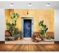BELECO 2.1x1.5m Tissu Mexique Rétro Maison Toile de Fond Vieille Porte en Bois Bleu avec Cactus Tequila Plantes Vintage Jaune Stuc Mur Mexicain Thème Photographie Fond Photo Accessoires