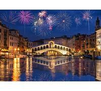 BELECO 2.1x1.5m Tissu Venise Italie Nuit Toile de Fond Feux d'artifice colorés Pont du Rialto et Canal de Garde Fond Festival Célébration Noël Nouvel an Décorations de fête Bannière Portrait Photo