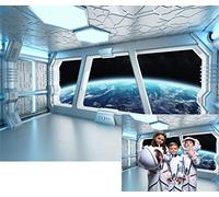 BELECO 2.1x1.5m Toile de Fond de Vaisseau Spatial, intérieur de Vaisseau Spatial avec Vue sur l'espace et la planète Terre, Toile de Fond pour Photographie, décoration de fête d'anniversaire